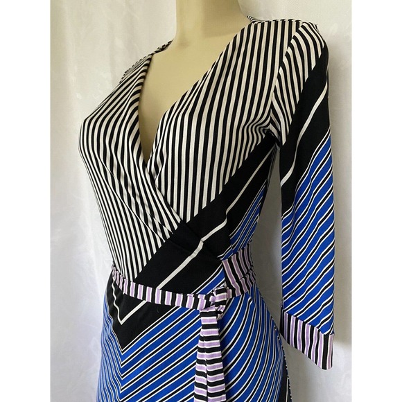 DVF Diane von Furstenberg Julian Two Wrap Dress Striped Black 3/4 Sleeve… - Picture 3 of 6